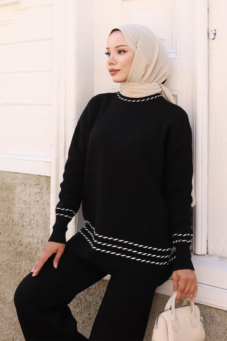 Stripe Detailed Gebreide kleding Pak Zwart - Image 4