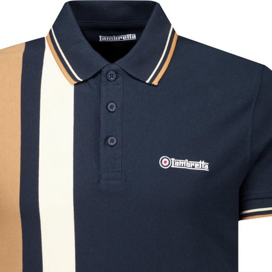 Lambretta Heren Klassieke Garens Geweven Streep Logo Polo Shirt (Marineblauw/Gerookt Blauw) - Image 3
