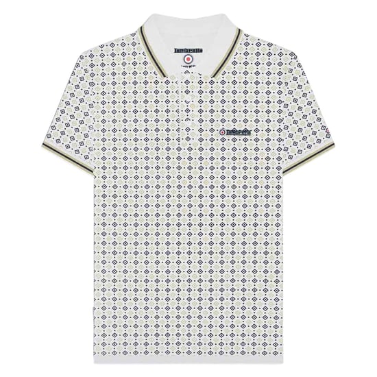 Lambretta Heren SS25 Geometrisch Poloshirt (Wit/Navy/Cashew) - Image 1