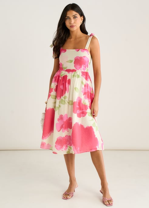 Midi-jurk met roze bloemenprint en bandjes - Image 1
