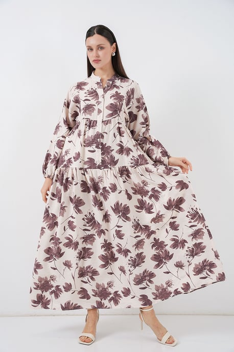 Bloemen Maxi Jurk met Mandarin Kraag en Knopen Sluiting - Image 2