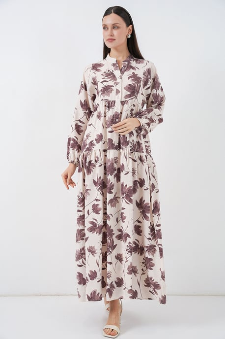 Bloemen Maxi Jurk met Mandarin Kraag en Knopen Sluiting - Image 3