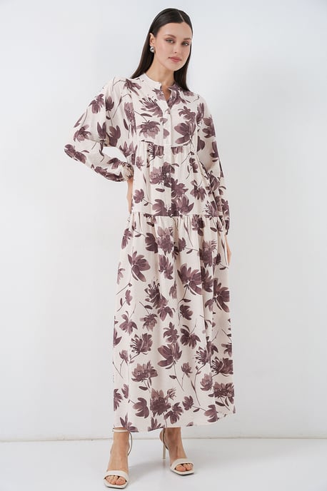 Bloemen Maxi Jurk met Mandarin Kraag en Knopen Sluiting - Image 5