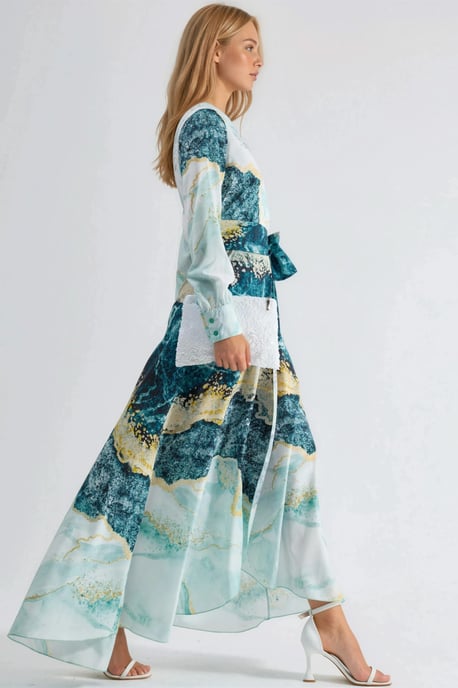 Abstracte Afdruk Lange Mouwen Maxi Jurk met Strikdetail - Image 2