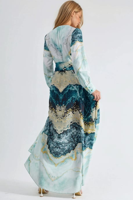 Abstracte Afdruk Lange Mouwen Maxi Jurk met Strikdetail - Image 3