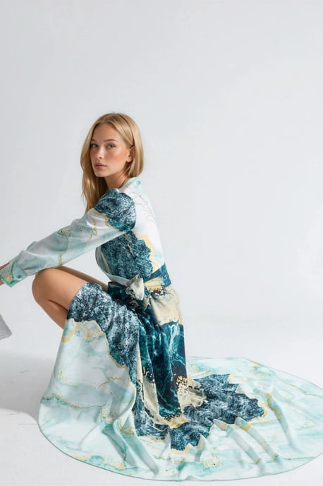 Abstracte Afdruk Lange Mouwen Maxi Jurk met Strikdetail - Image 4
