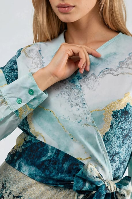 Abstracte Afdruk Lange Mouwen Maxi Jurk met Strikdetail - Image 5
