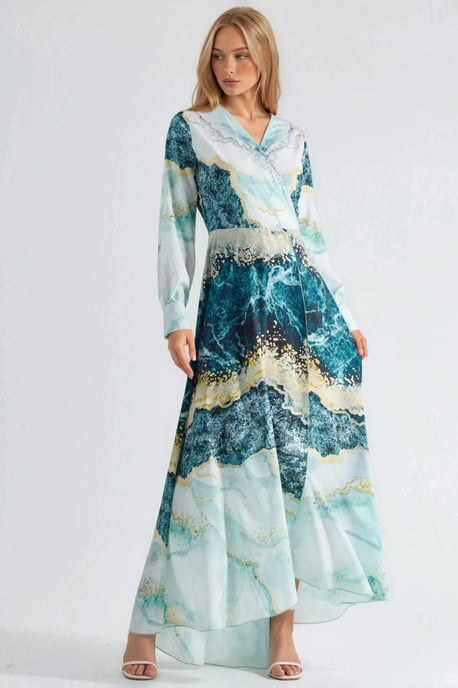 Abstracte Afdruk Lange Mouwen Maxi Jurk met Strikdetail - Image 6