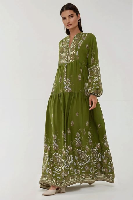 Bedrukte Lange Mouwen Viscose Maxi Jurk - Image 1