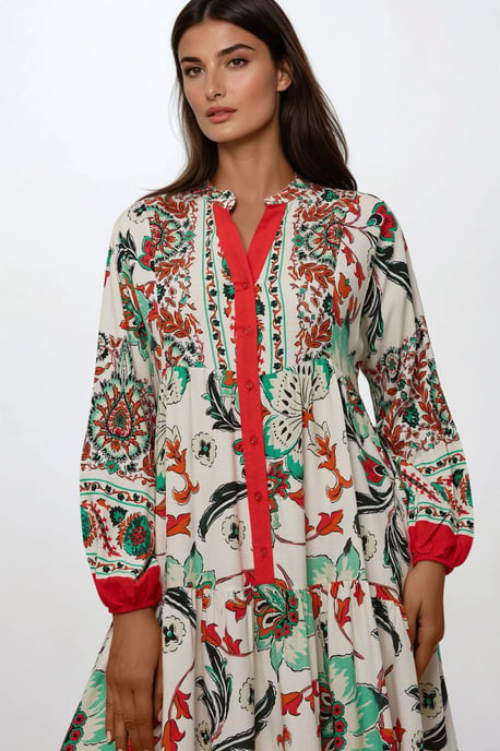 Gedrukte Lange Mouwen Viscose Maxi Jurk - Image 1