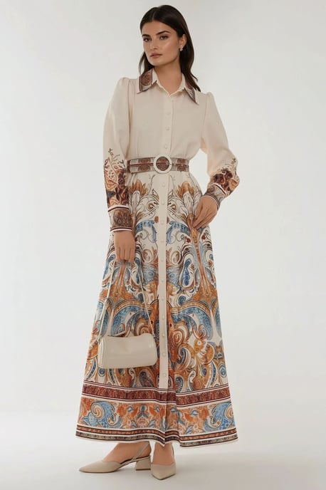 Geprinte Lange Mouwen Maxi Jurk met Riem - Image 1