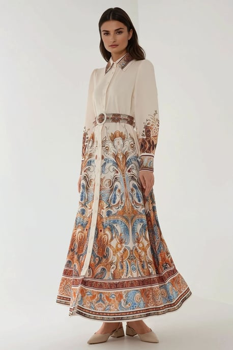 Geprinte Lange Mouwen Maxi Jurk met Riem - Image 2