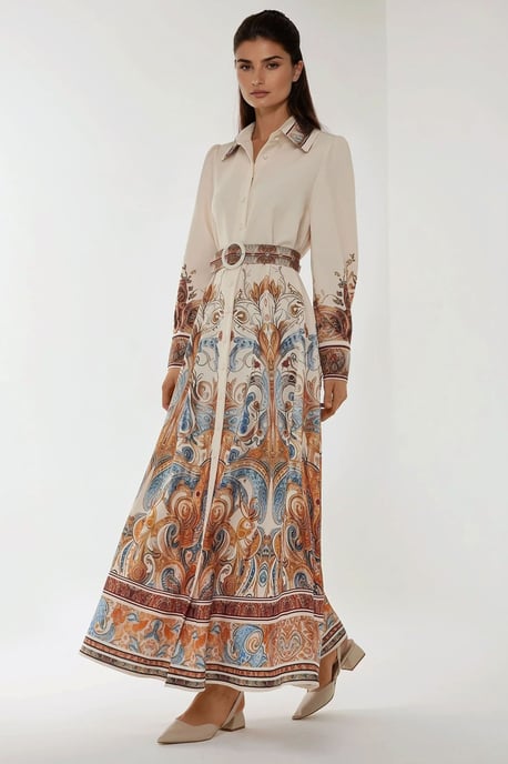 Geprinte Lange Mouwen Maxi Jurk met Riem - Image 4