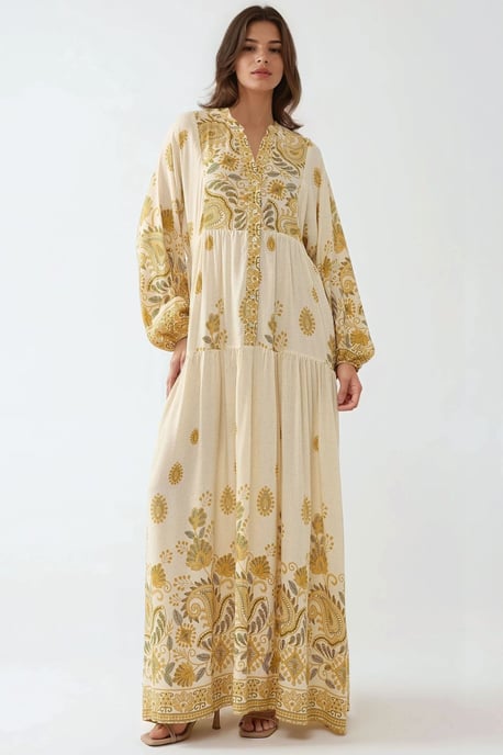 Geprinte Maxi Jurk met V-hals en Knoopdetails - Image 1