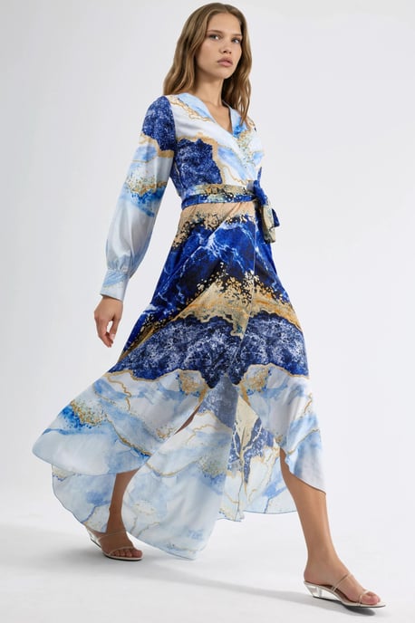 Abstracte Print Lange Mouw Maxi Jurk met Strikdetail - Image 2
