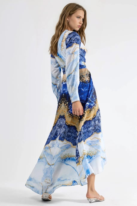 Abstracte Print Lange Mouw Maxi Jurk met Strikdetail - Image 3