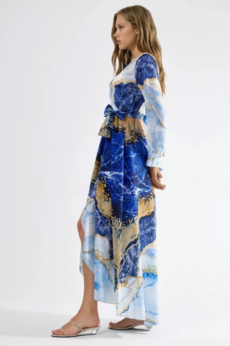 Abstracte Print Lange Mouw Maxi Jurk met Strikdetail - Image 4