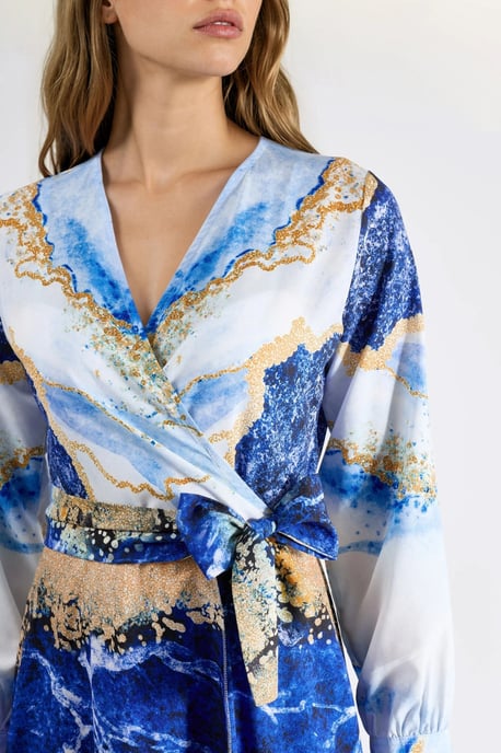 Abstracte Print Lange Mouw Maxi Jurk met Strikdetail - Image 6
