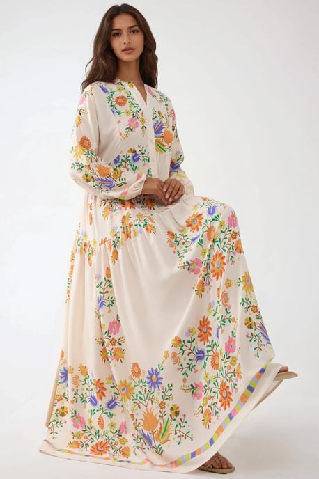 Geprinte V-hals Maxi-jurk met Knopdetail - Image 1