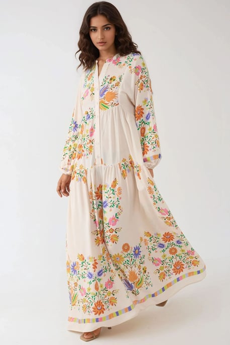 Geprinte V-hals Maxi-jurk met Knopdetail - Image 2
