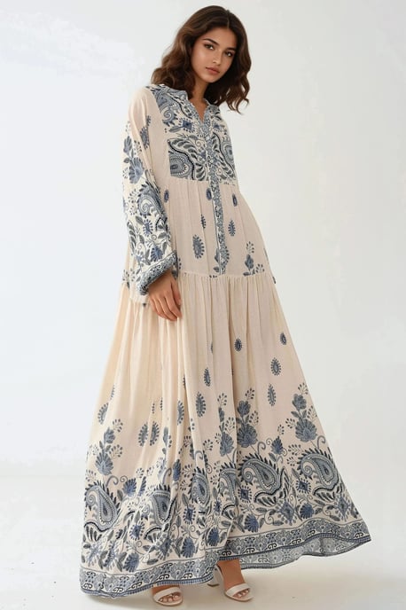 Geprinte V-hals Maxi Jurk met Knopdetail - Image 1