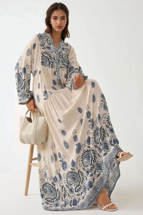 Geprinte V-hals Maxi Jurk met Knopdetail - Image 2