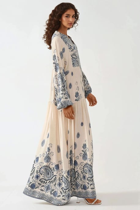 Geprinte V-hals Maxi Jurk met Knopdetail - Image 3