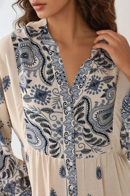 Geprinte V-hals Maxi Jurk met Knopdetail - Image 4