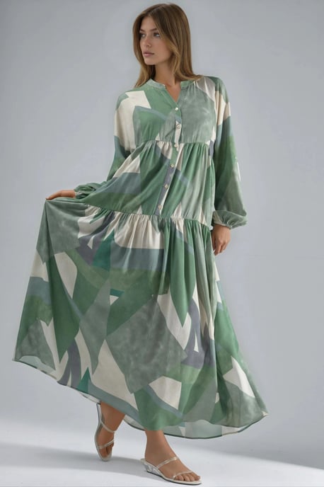Geprinte Lange Mouw Viscose Maxi Jurk - Image 1