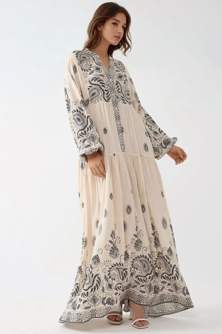 Geprinte V-hals Maxi-jurk met Knopdetail - Image 1