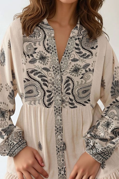 Geprinte V-hals Maxi-jurk met Knopdetail - Image 2