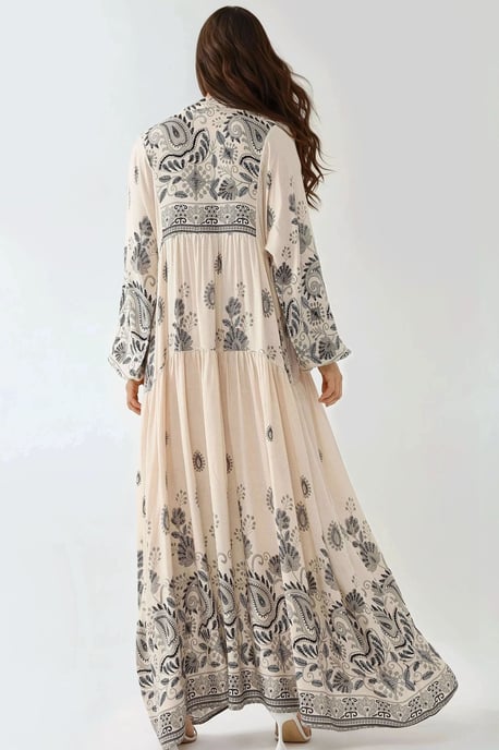 Geprinte V-hals Maxi-jurk met Knopdetail - Image 3