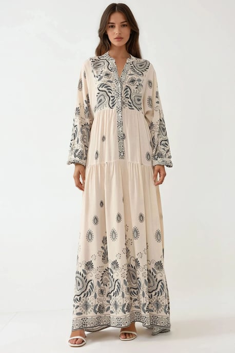Geprinte V-hals Maxi-jurk met Knopdetail - Image 4