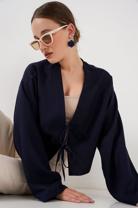 Viscose Mix V-hals Lange Mouwen Kimono met Binding Detail - Image 3
