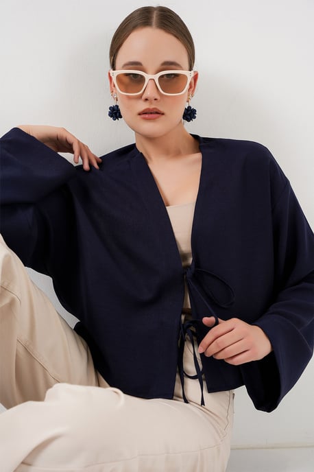 Viscose Mix V-hals Lange Mouwen Kimono met Binding Detail - Image 4