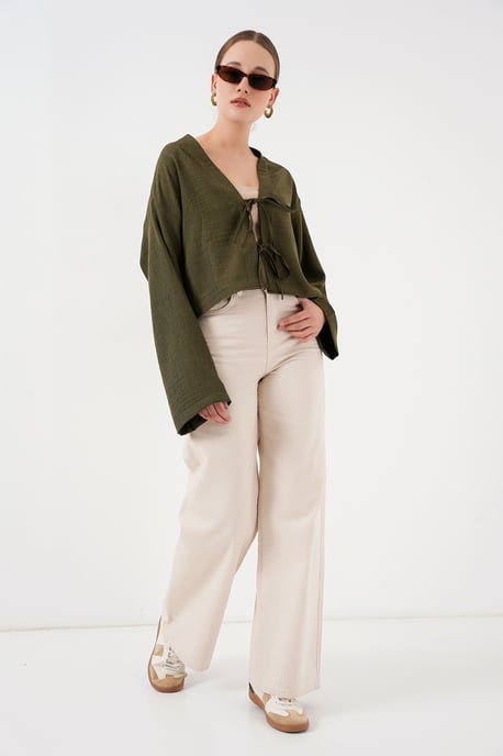 Viscose Blend V-Hals Lange Mouw Kimono met Binding Detail - Image 2