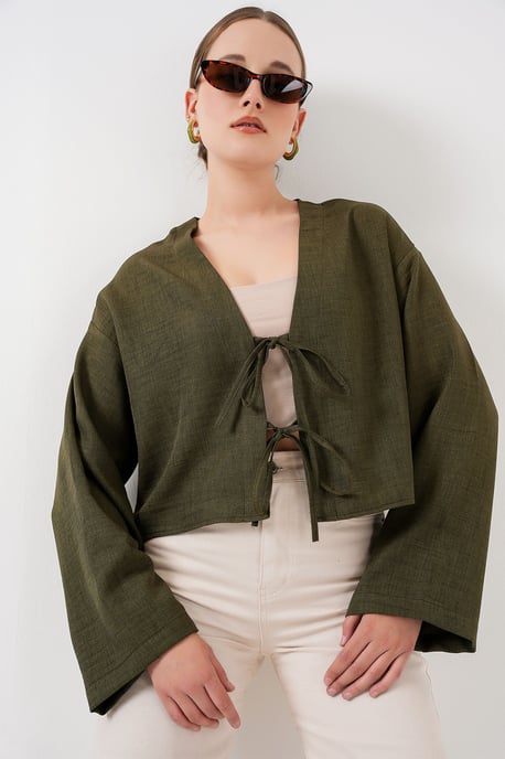 Viscose Blend V-Hals Lange Mouw Kimono met Binding Detail - Image 4