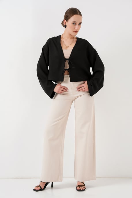 Viscose Blend V-Hals Lange Mouw Kimono met Binding Detail - Image 2
