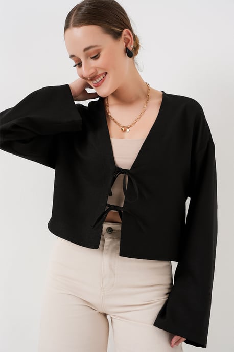 Viscose Blend V-Hals Lange Mouw Kimono met Binding Detail - Image 4