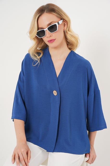 V-hals Driekwart Mouw Kimono met Knop - Image 3