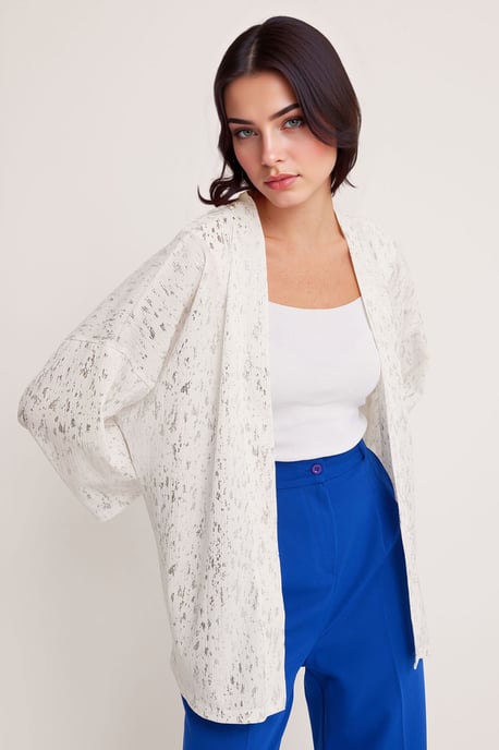 Geprinte Pompom Trim Schouderkraag Kimono - Image 3