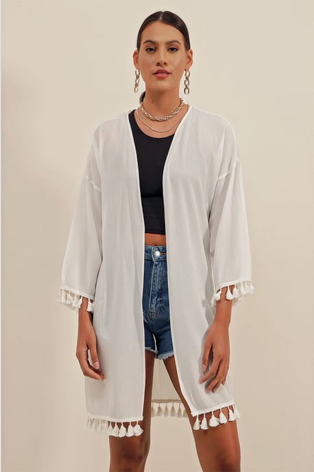 Midi Strand Kimono met Pompom Detail - Image 1