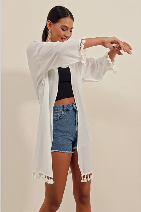 Midi Strand Kimono met Pompom Detail - Image 2