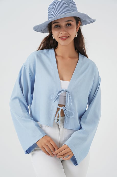Viscose Blend V-Hals Lange Mouw Kimono met Binding Detail - Image 1