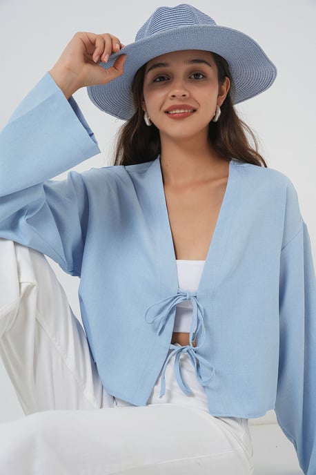Viscose Blend V-Hals Lange Mouw Kimono met Binding Detail - Image 3