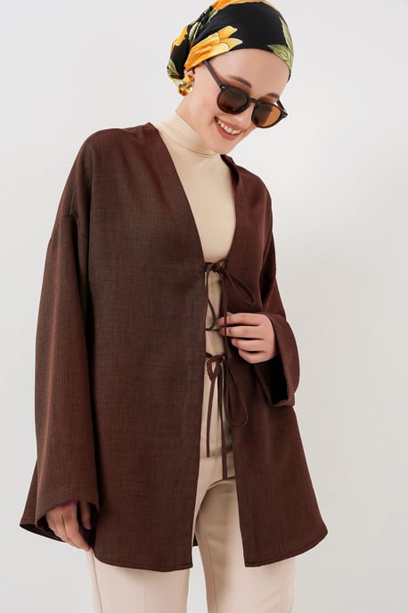 Linnenmix Lange Mouw Kimono met Binding Detail - Image 1