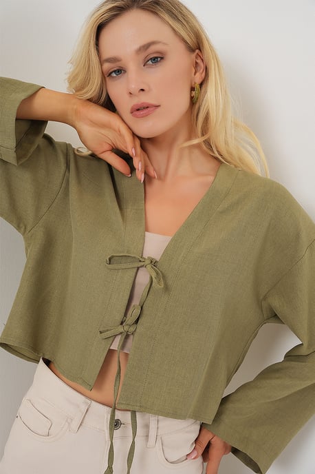 Viscose Blend V-Hals Lange Mouw Kimono met Binding Detail - Image 1