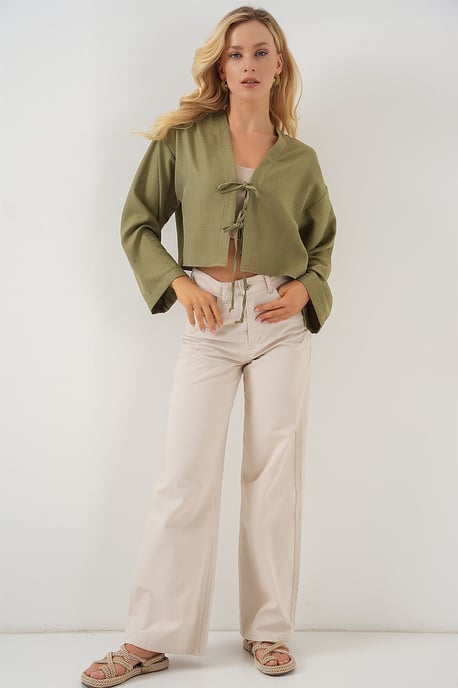 Viscose Blend V-Hals Lange Mouw Kimono met Binding Detail - Image 2