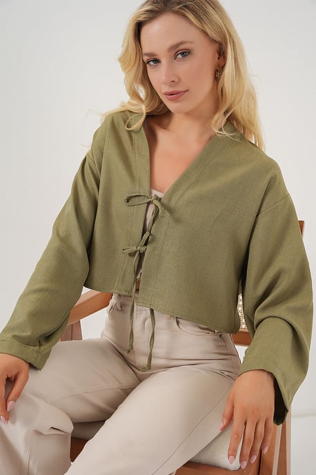 Viscose Blend V-Hals Lange Mouw Kimono met Binding Detail - Image 3