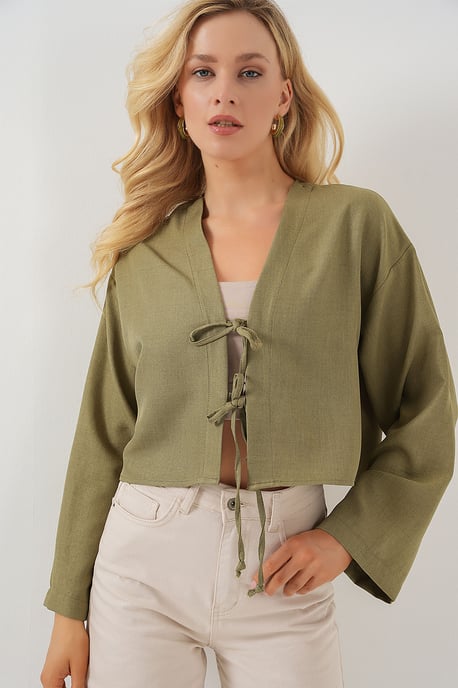 Viscose Blend V-Hals Lange Mouw Kimono met Binding Detail - Image 4